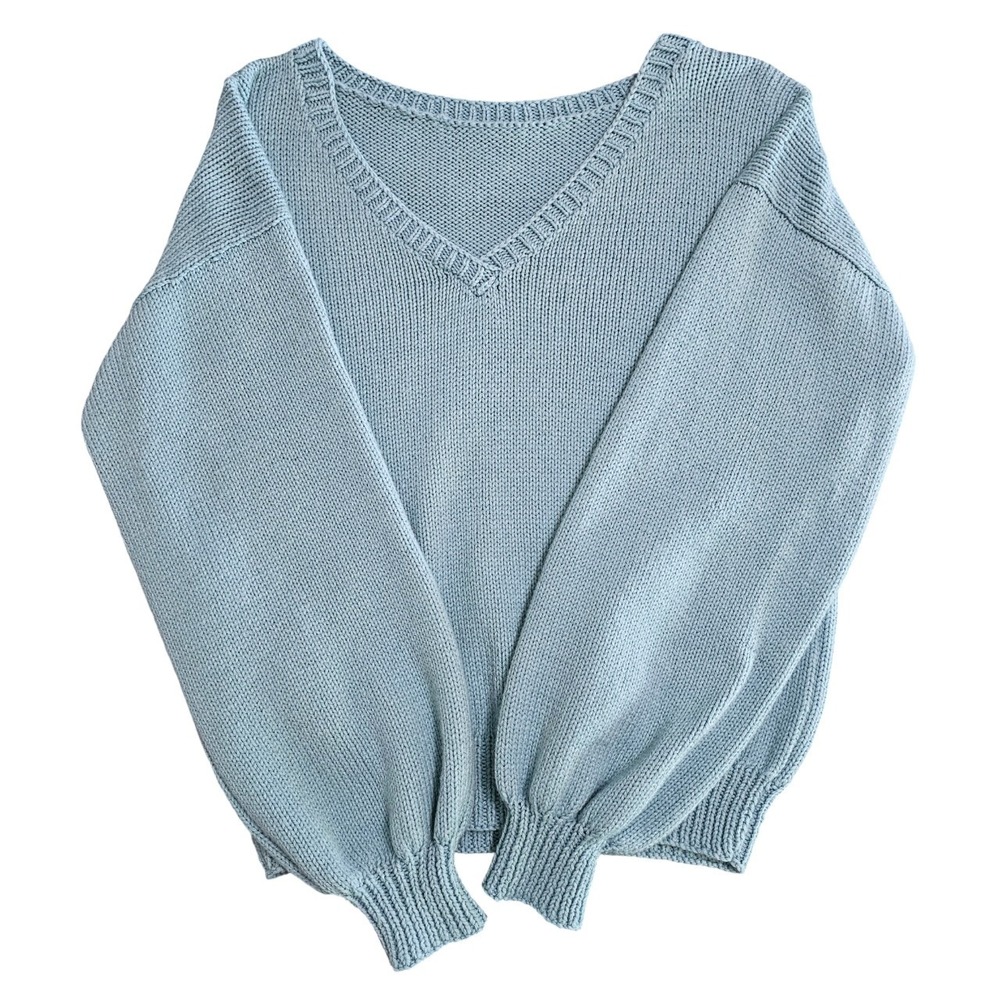 Handmade Knit Sky Blue Oversized Sweater‎ | Cozy V-Neck Pullover - Picture 8 of 8
